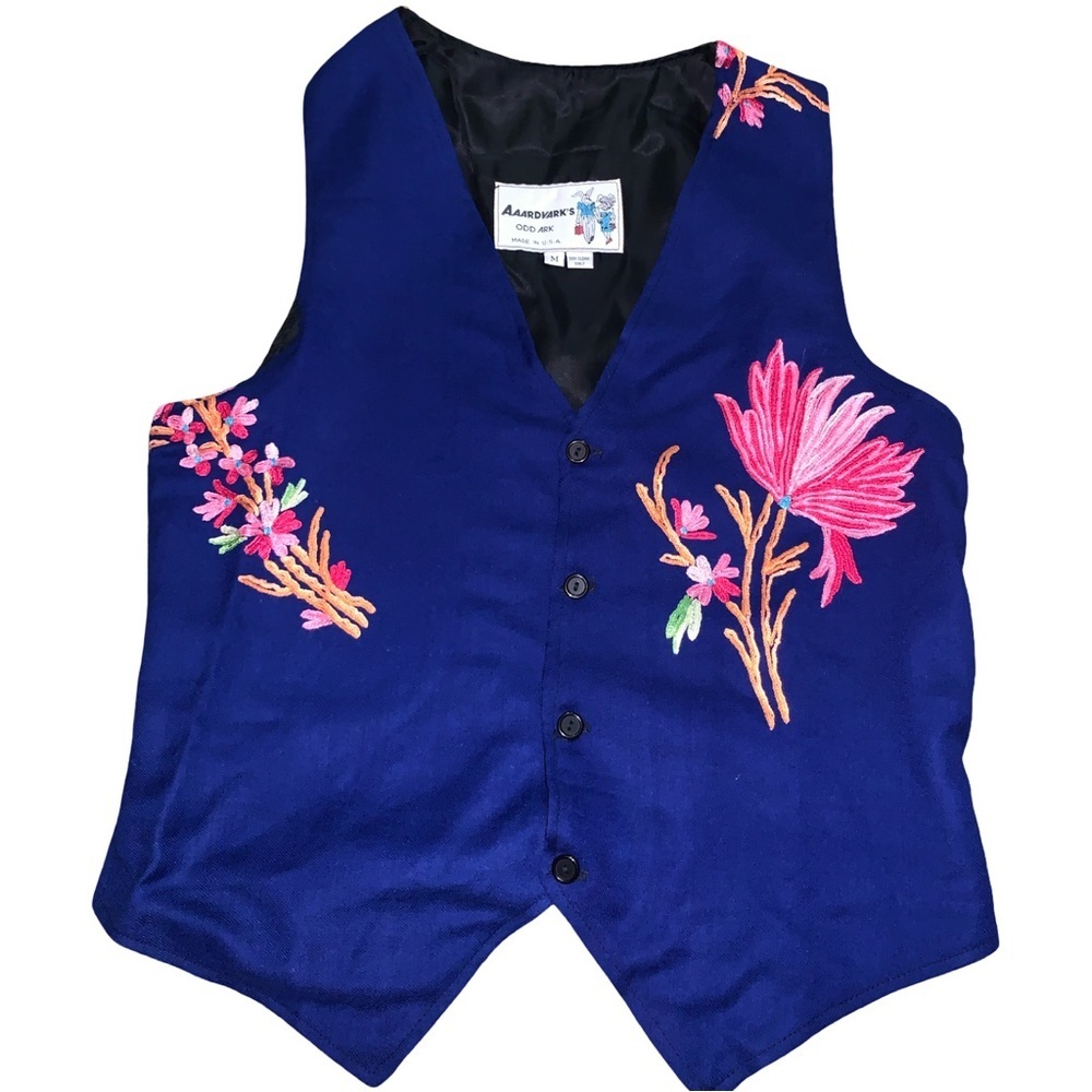 Vintage Aardvarks Odd Ark Blue Embroidered Floral  Vest Size Medium  Made In USA